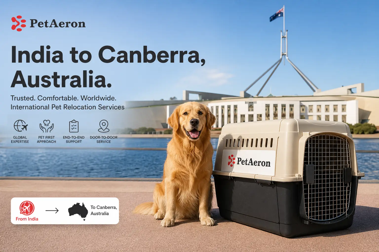 International pet relocation services from India to Canberra, dog in IATA travel crate with Parliament House and Lake Burley Griffin