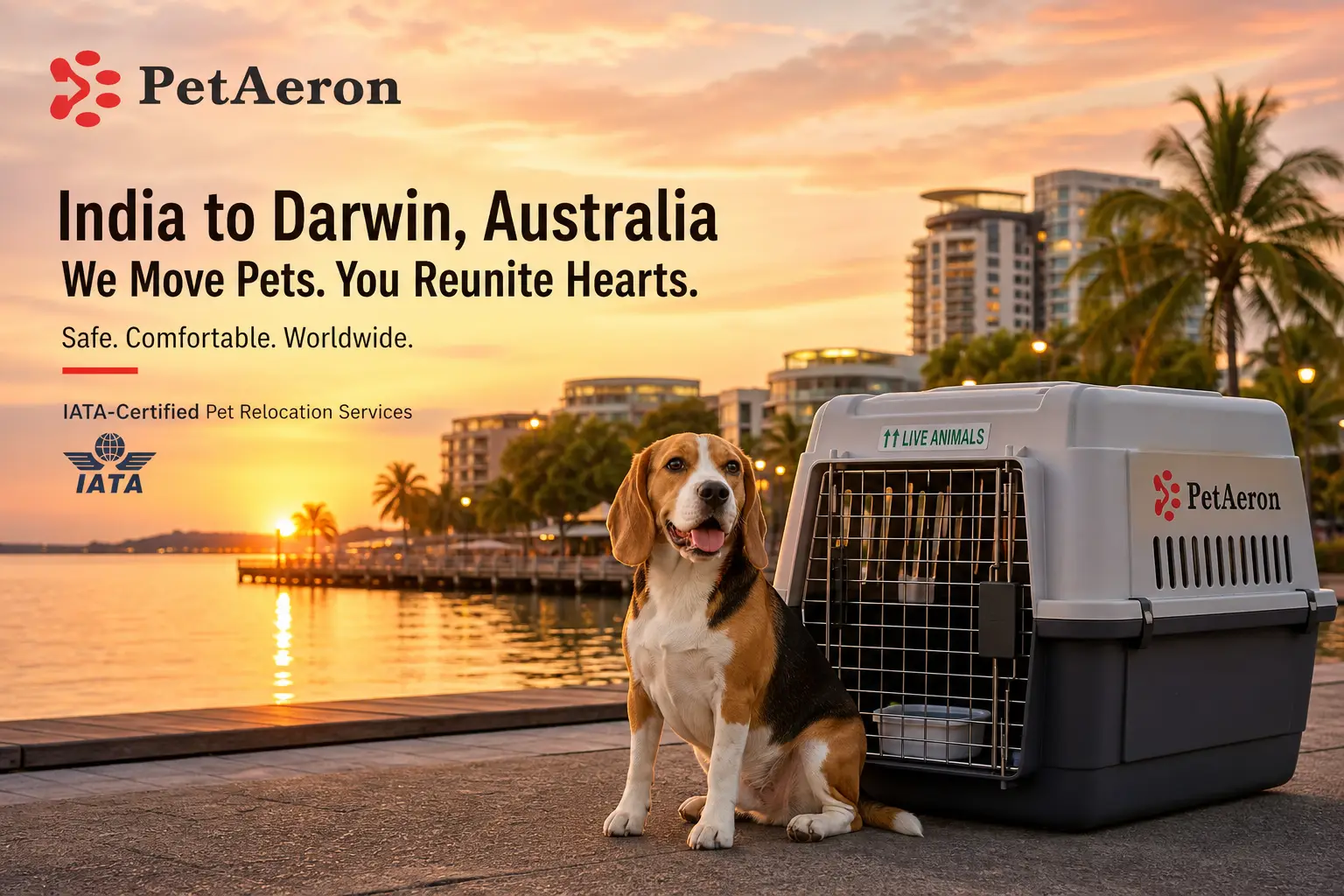 International pet relocation services from India to Darwin, dog in IATA travel crate with Darwin waterfront and tropical skyline