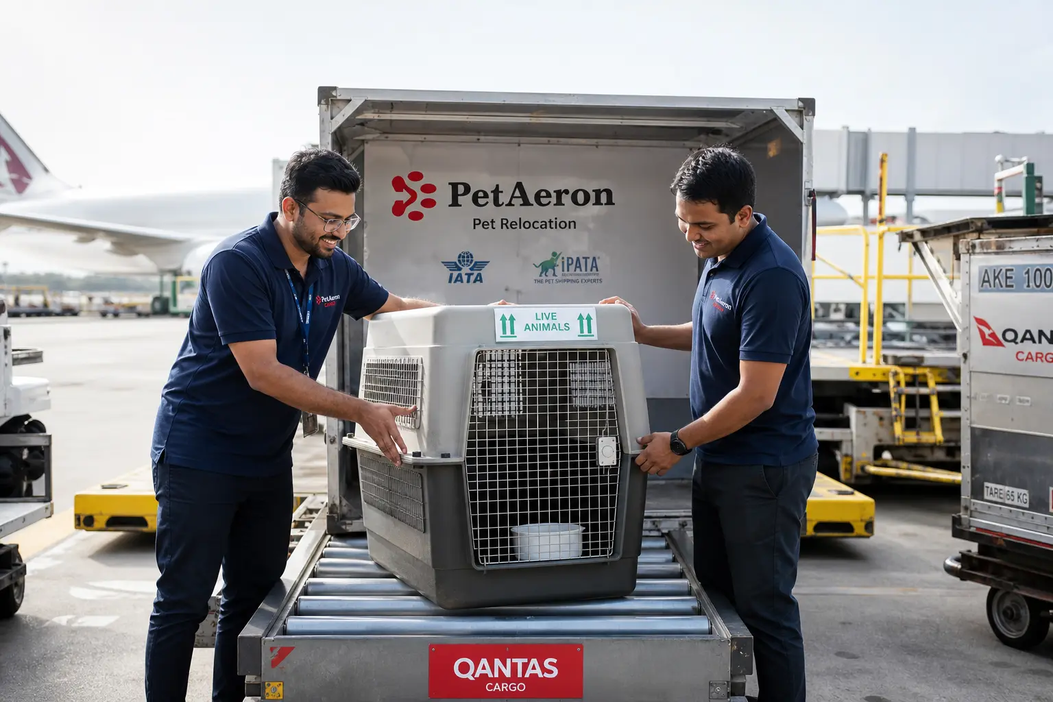 PetAeron staff loading IATA crate for international air cargo flight from India to Darwin via DRW