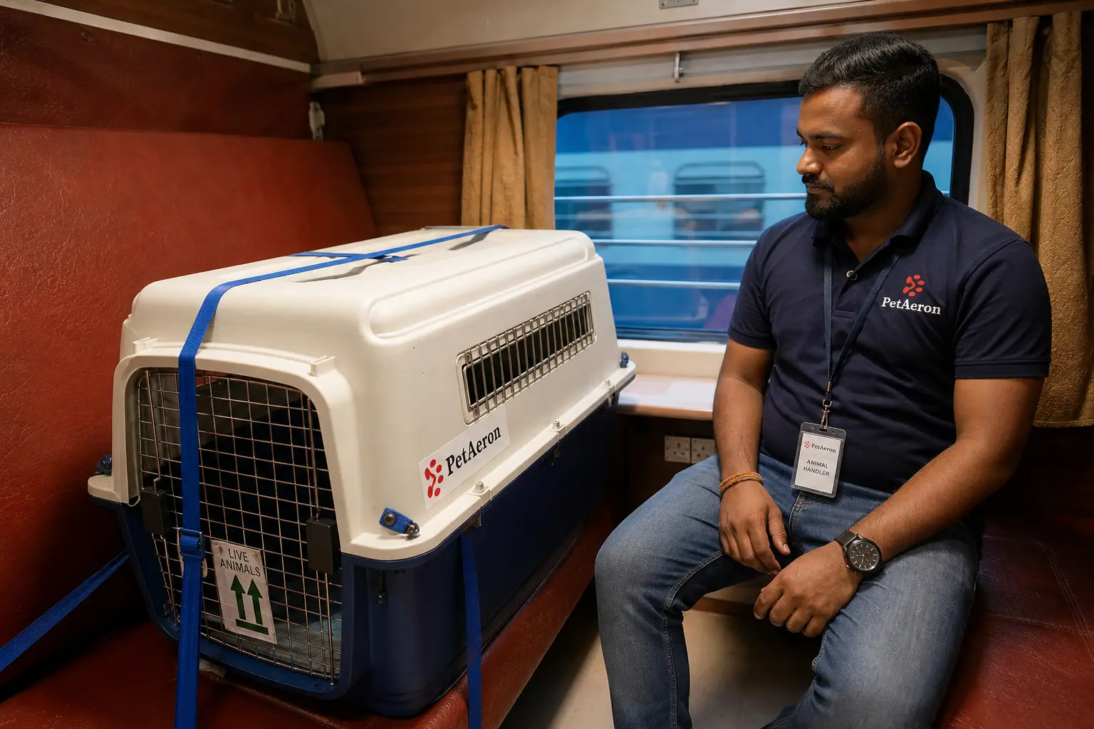 Pet and IATA crate on Indian Railways First AC train feeder to departure hub for Gold Coast flight