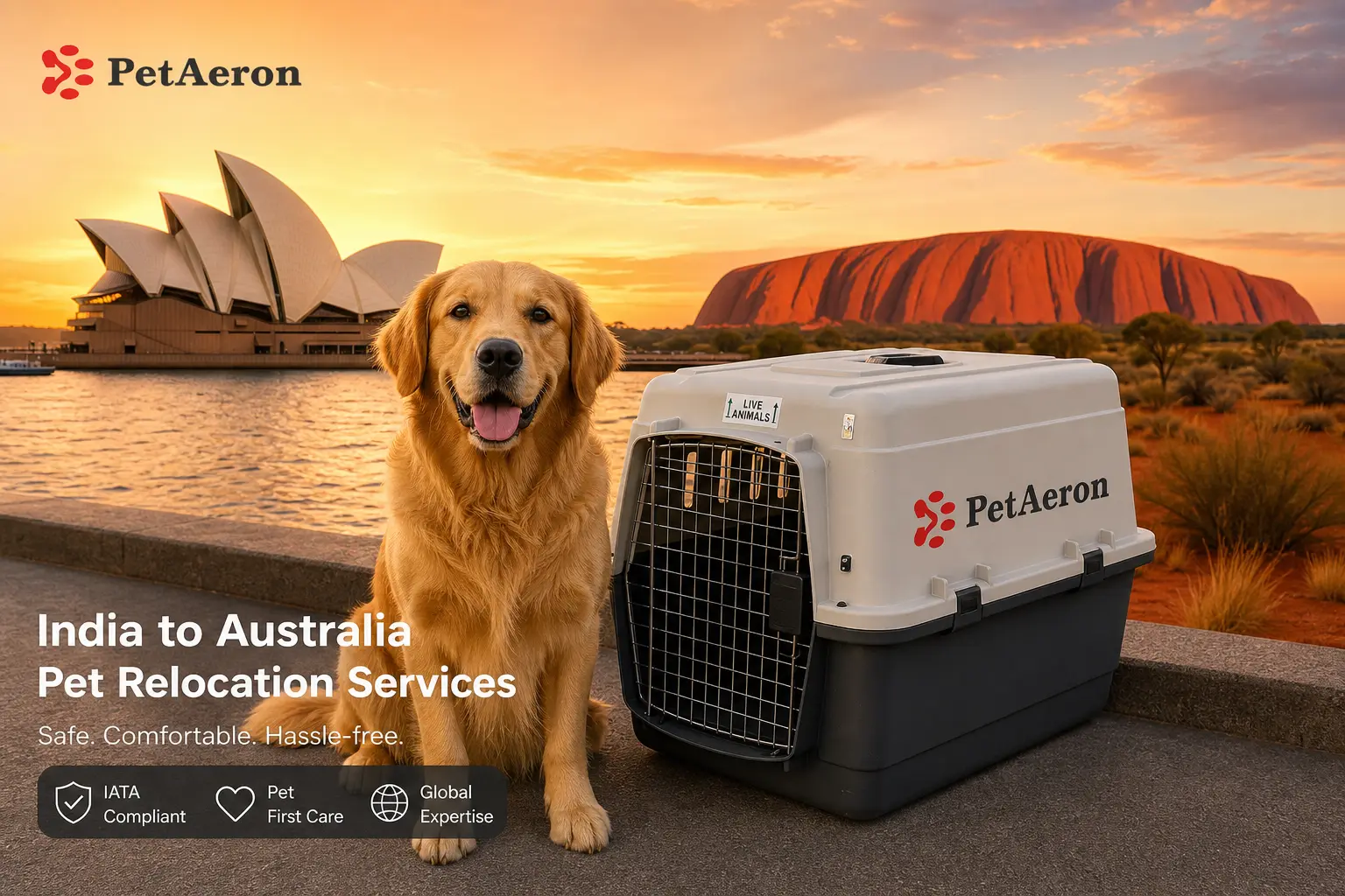International pet relocation services from India to Australia, dog in IATA travel crate with Sydney Opera House and Uluru panorama