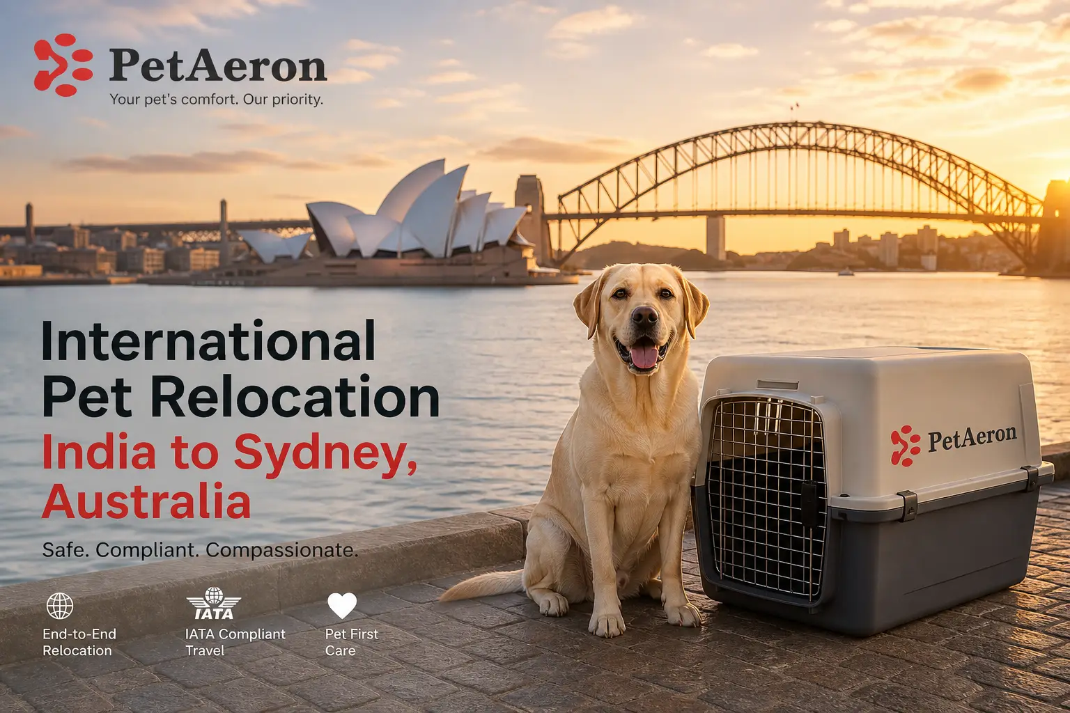 International pet relocation services from India to Sydney, dog in IATA travel crate with Sydney Opera House and Harbour Bridge