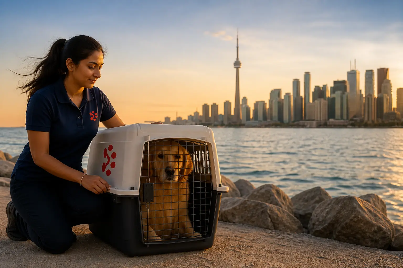 International pet relocation services from India to Mississauga, dog in IATA travel crate with Mississauga Canada skyline
