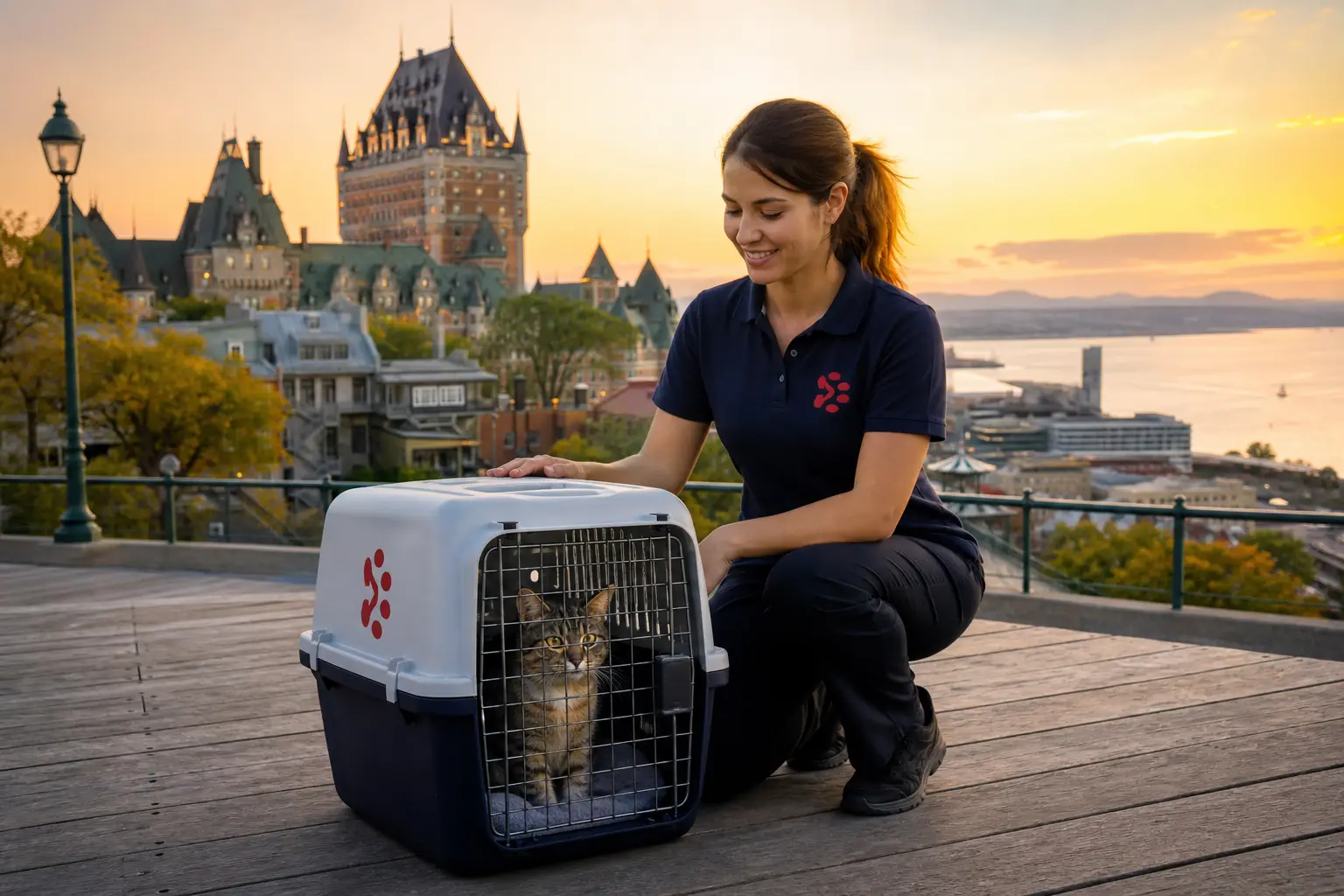 International pet relocation services from India to Quebec City, dog in IATA travel crate with Quebec City Canada skyline
