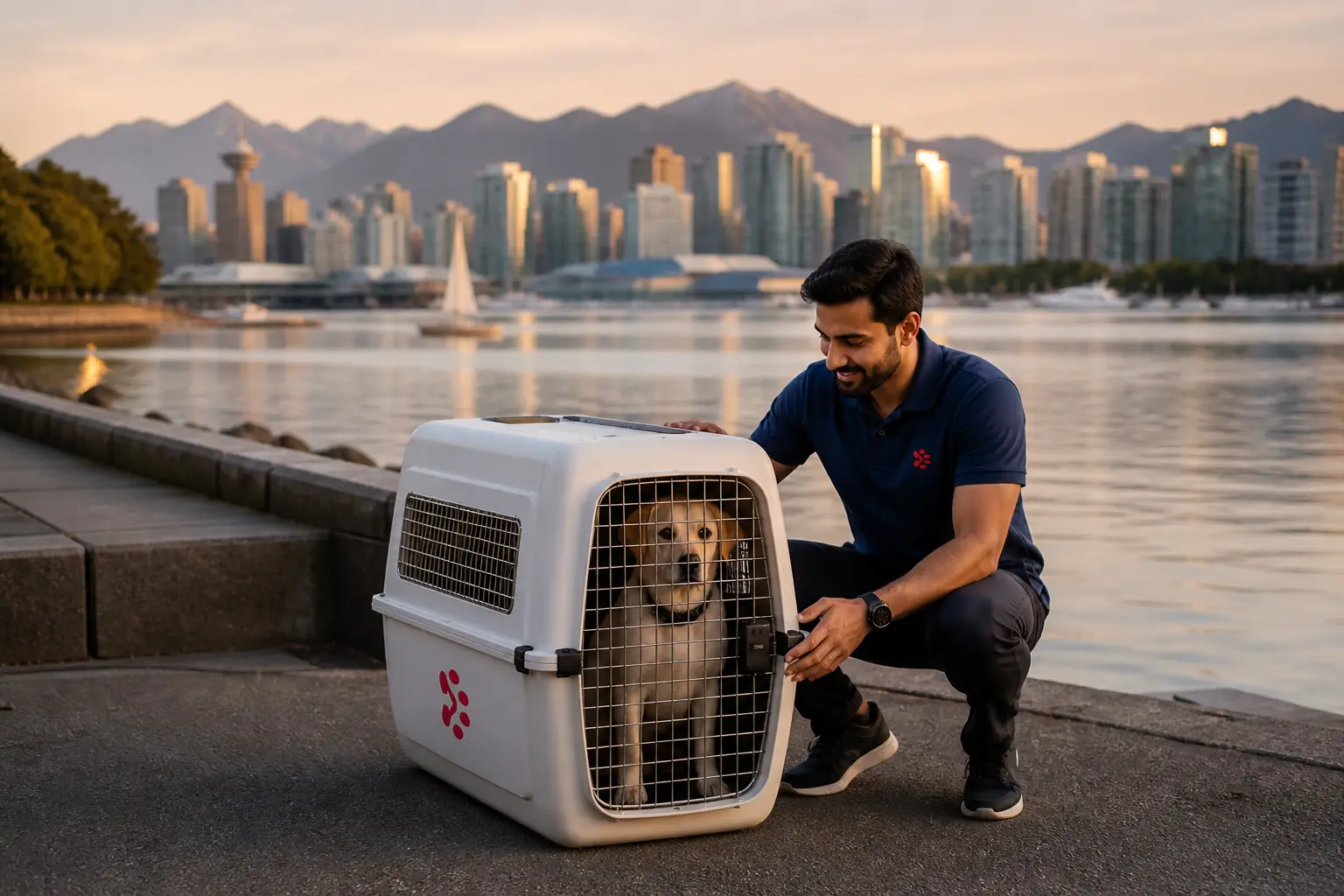 International pet relocation services from India to Vancouver, dog in IATA travel crate with Vancouver Canada skyline