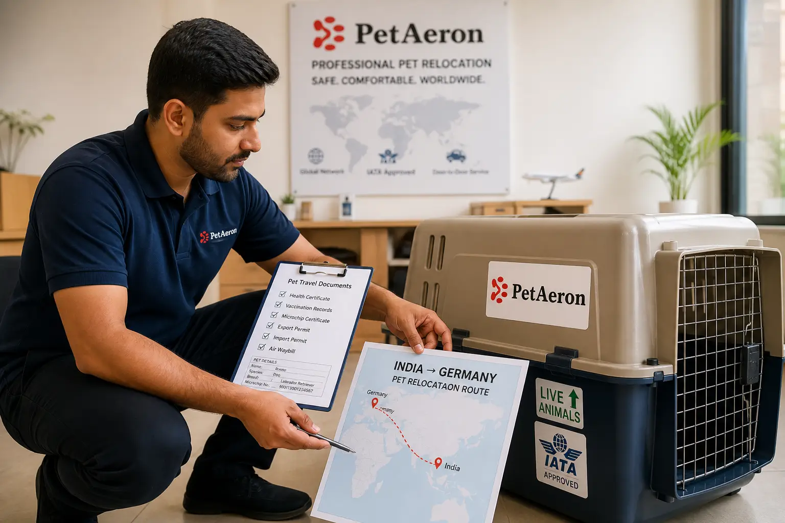 International pet relocation services from India to Berlin, PetAeron specialist with IATA crate and route planning