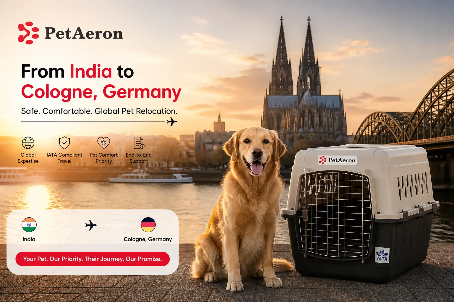 International pet relocation services from India to Cologne, dog in IATA travel crate with Cologne Cathedral skyline
