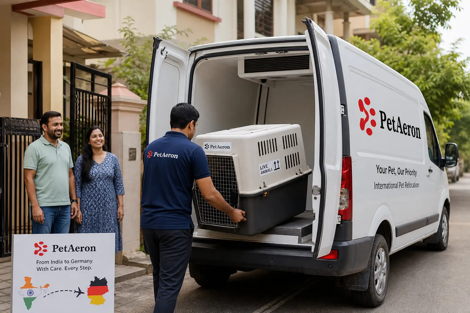PetAeron climate-controlled van door-to-door pet pickup from Indian home before Dortmund flight