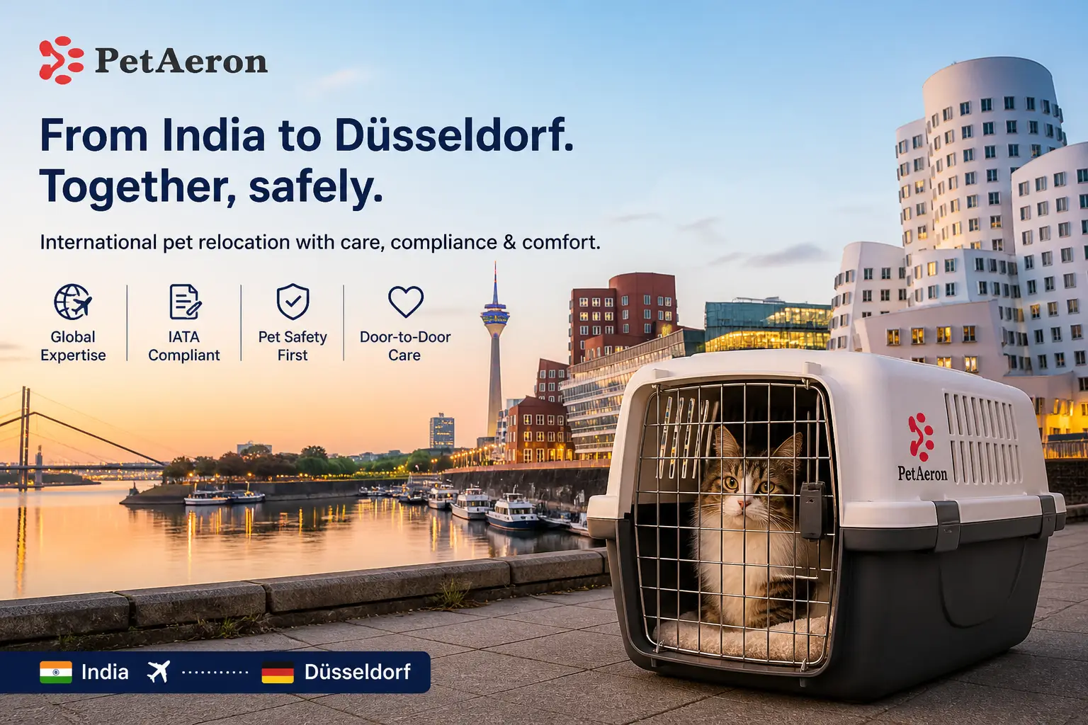 International pet relocation services from India to Dusseldorf, dog in IATA travel crate with Dusseldorf Rhine promenade