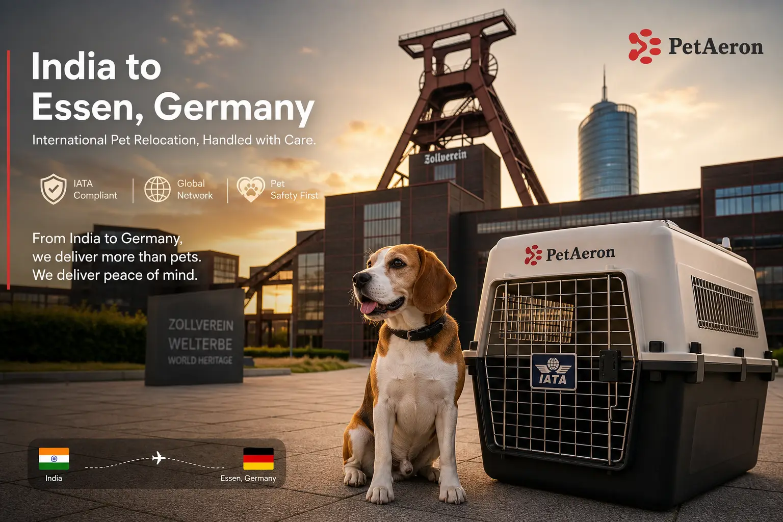 International pet relocation services from India to Essen, dog in IATA travel crate with Essen Zollverein skyline