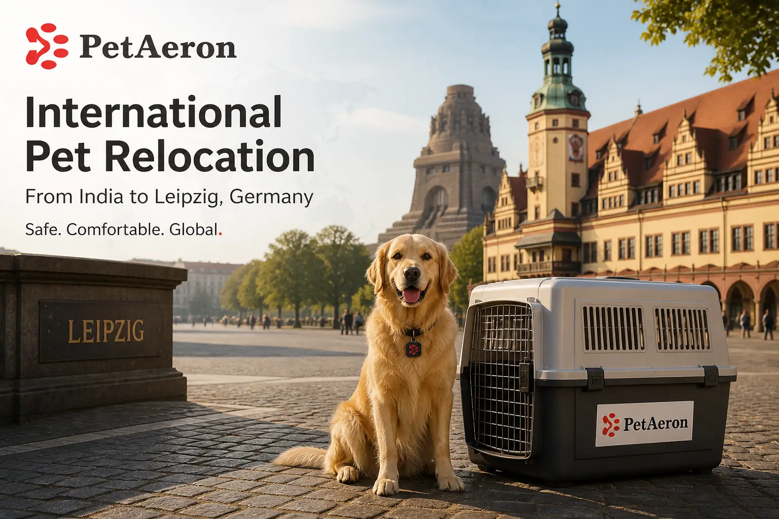 International pet relocation services from India to Leipzig, dog in IATA travel crate with Leipzig old town skyline