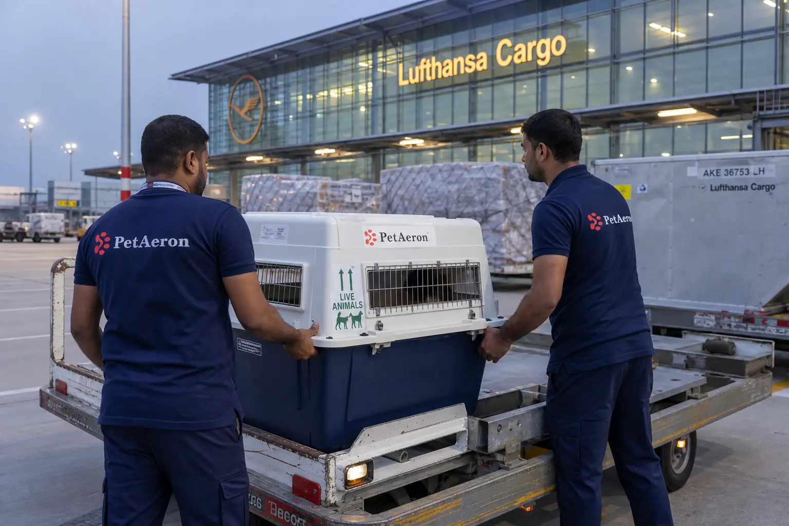 PetAeron staff loading IATA crate for international air cargo flight from India to Germany via Frankfurt FRA and Munich MUC