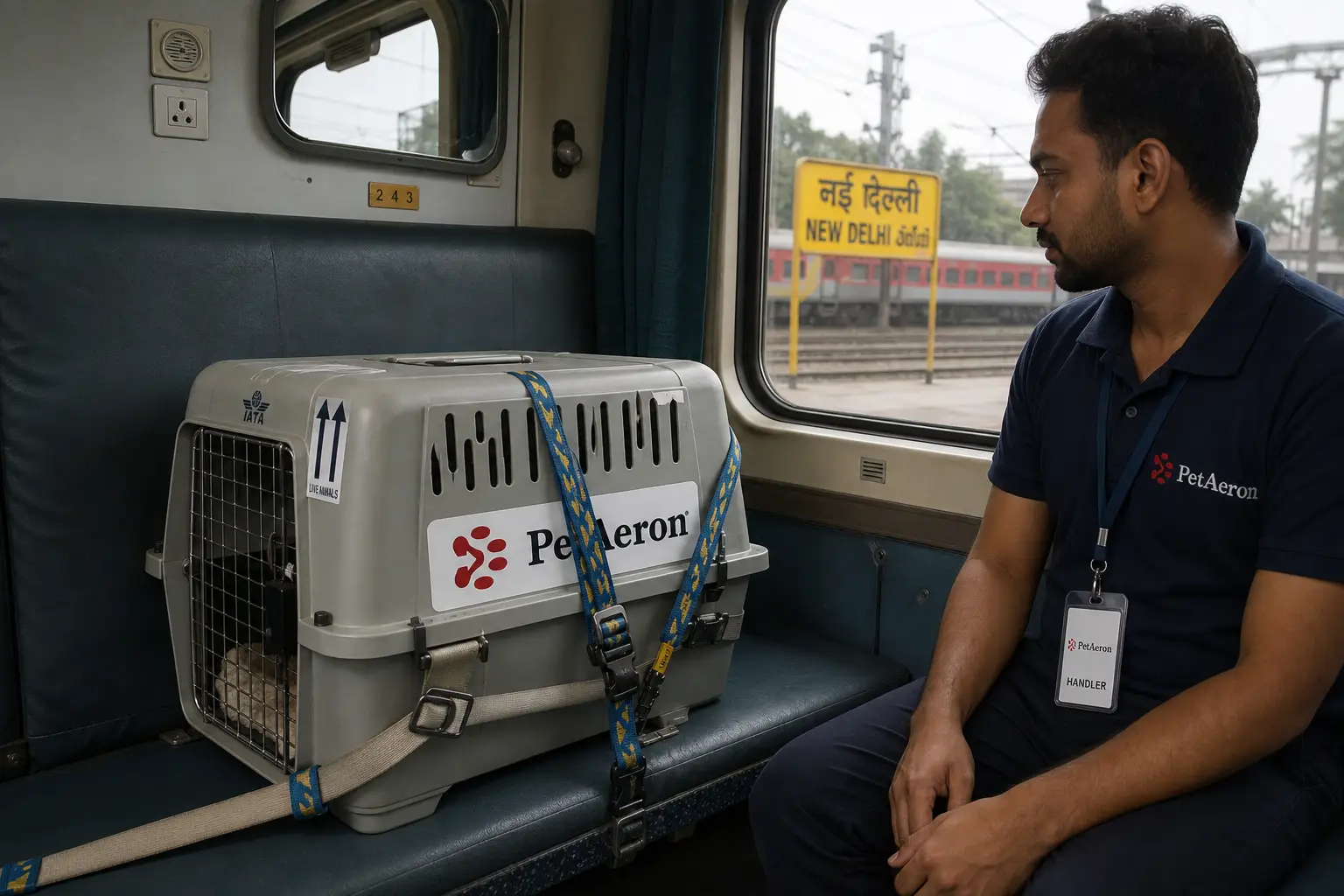 Pet and IATA crate on Indian Railways First AC train feeder to departure hub for Germany flight