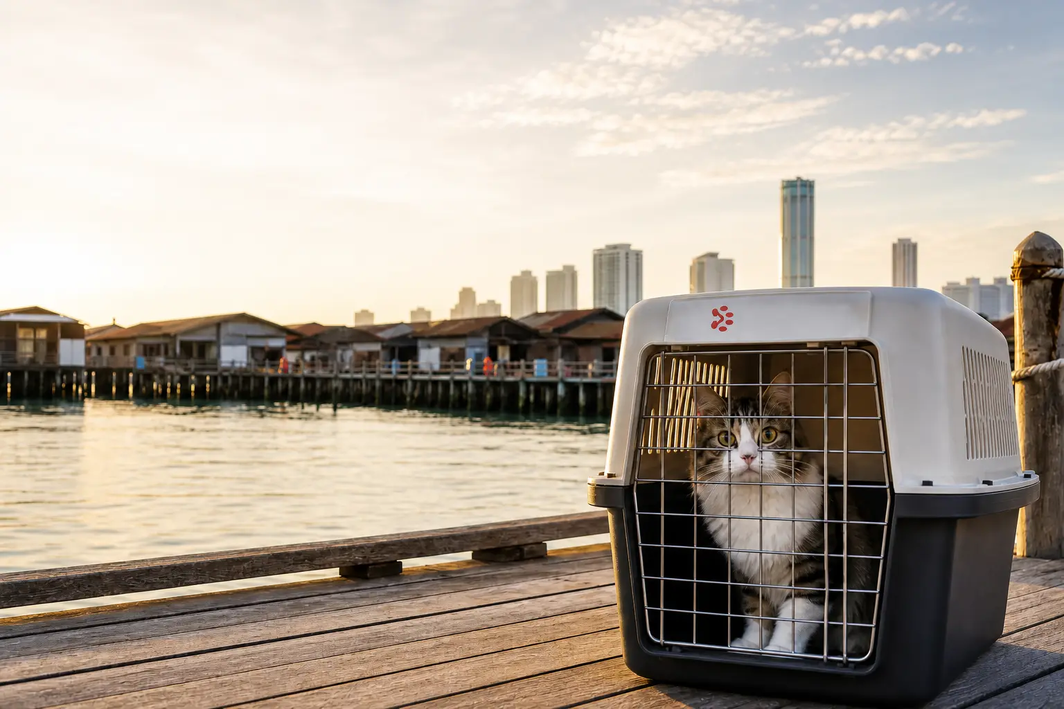 International pet relocation services from India to George Town, dog in IATA travel crate with Penang clan jetties waterfront