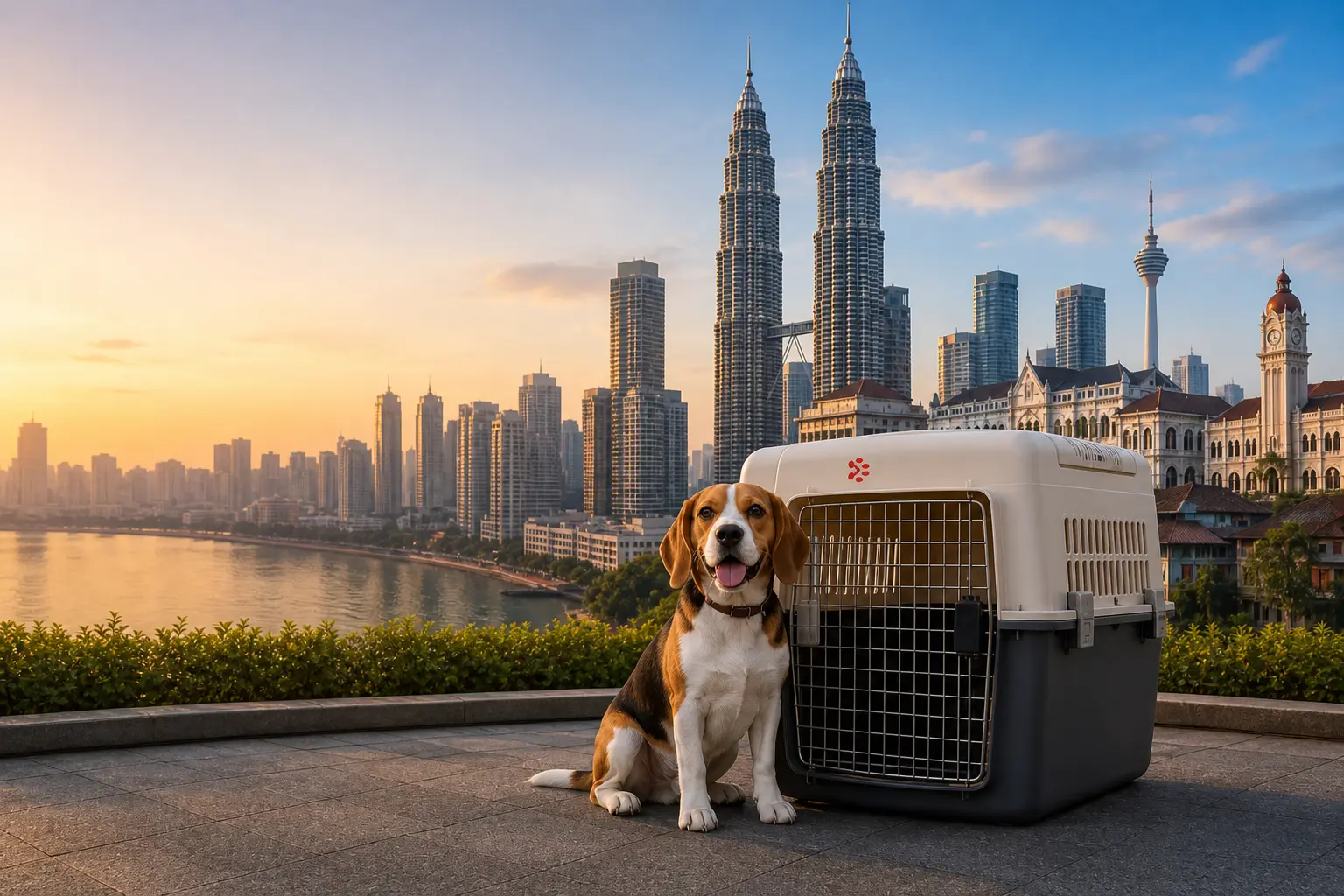 International pet relocation services from India to Malaysia, dog in IATA travel crate with Petronas Twin Towers and Penang skyline