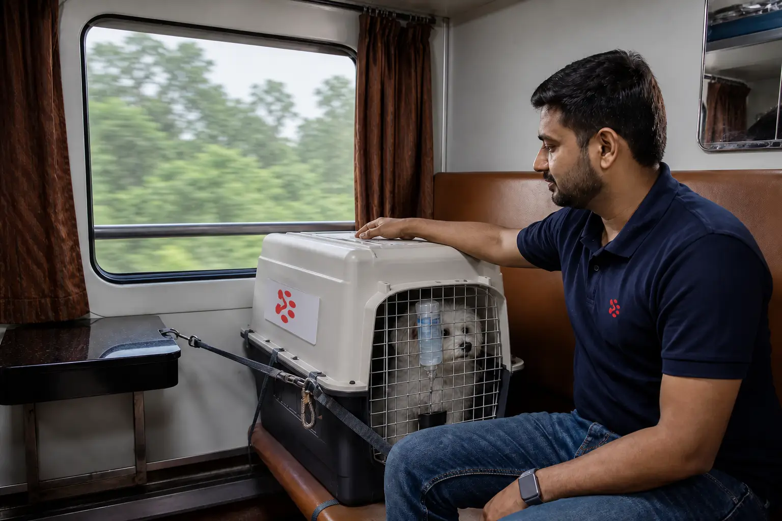 Pet and IATA crate on Indian Railways First AC train feeder to departure hub for Ipoh flight