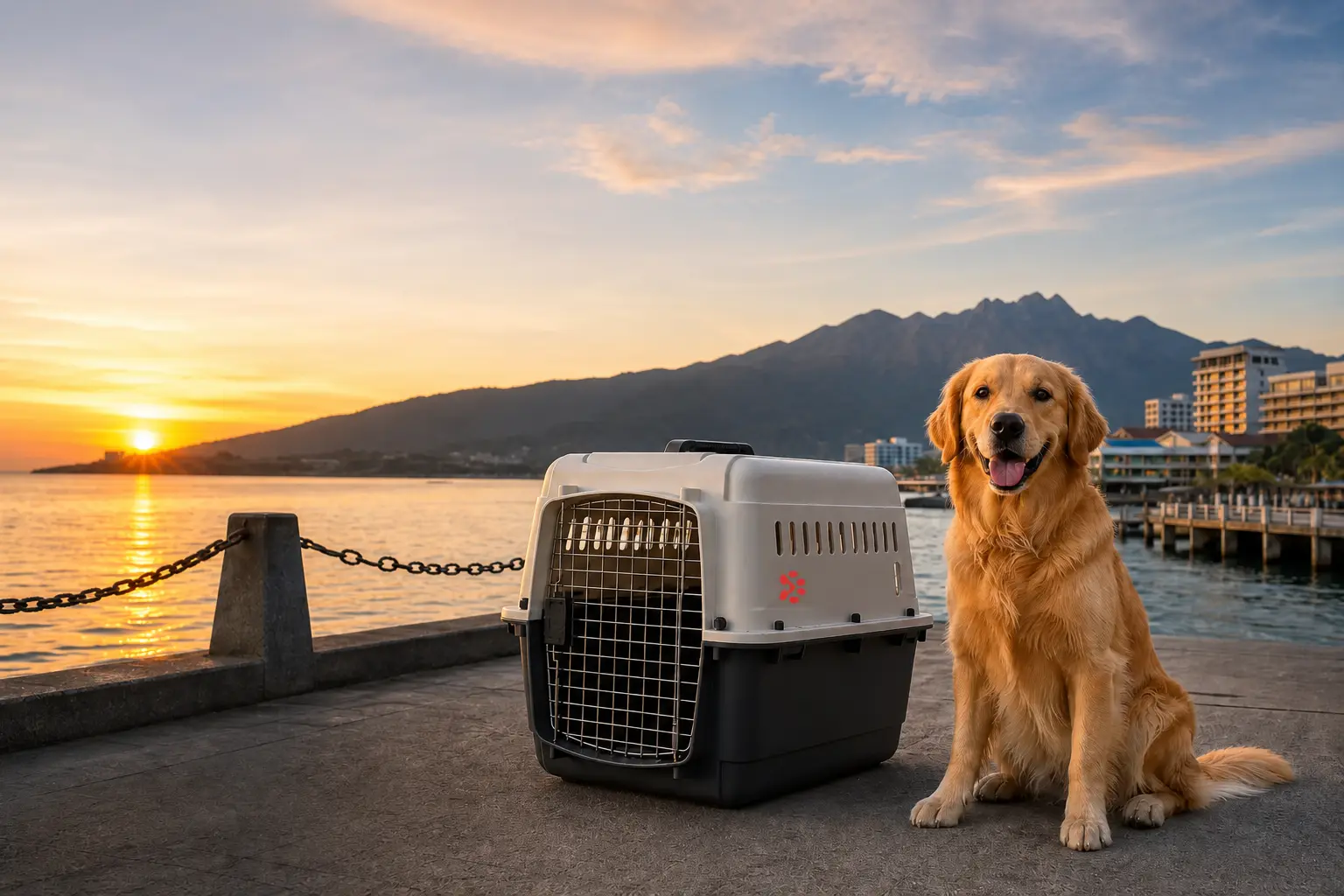 International pet relocation services from India to Kota Kinabalu, dog in IATA travel crate with Mount Kinabalu and Kota Kinabalu waterfront