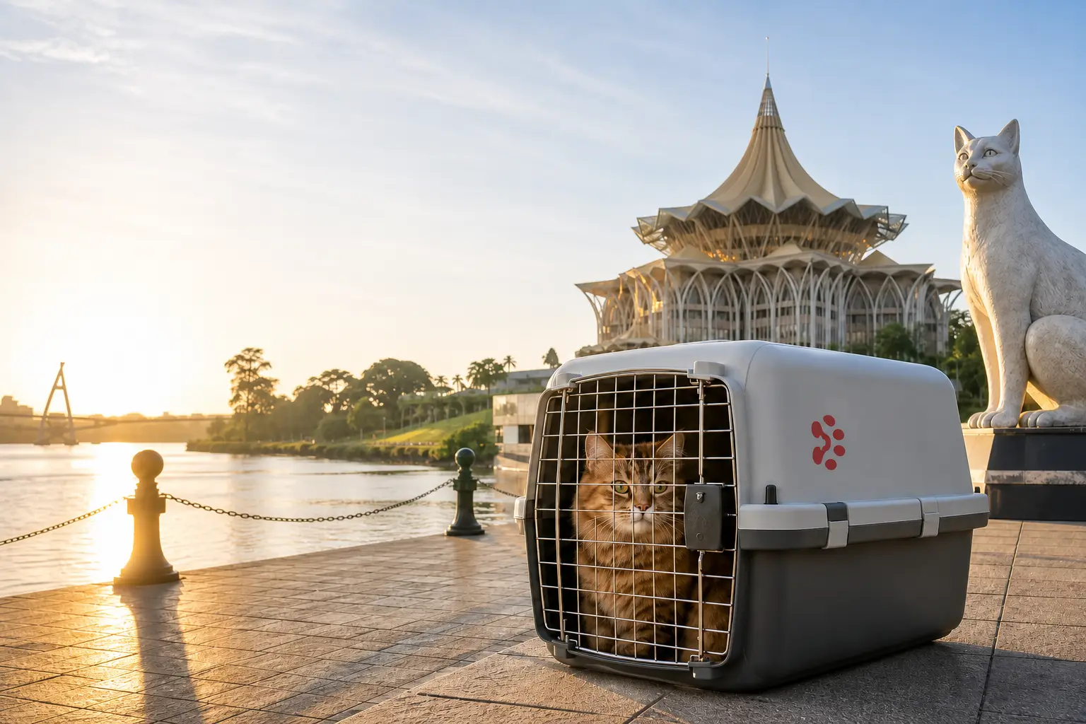 International pet relocation services from India to Kuching, dog in IATA travel crate with Kuching Sarawak river waterfront