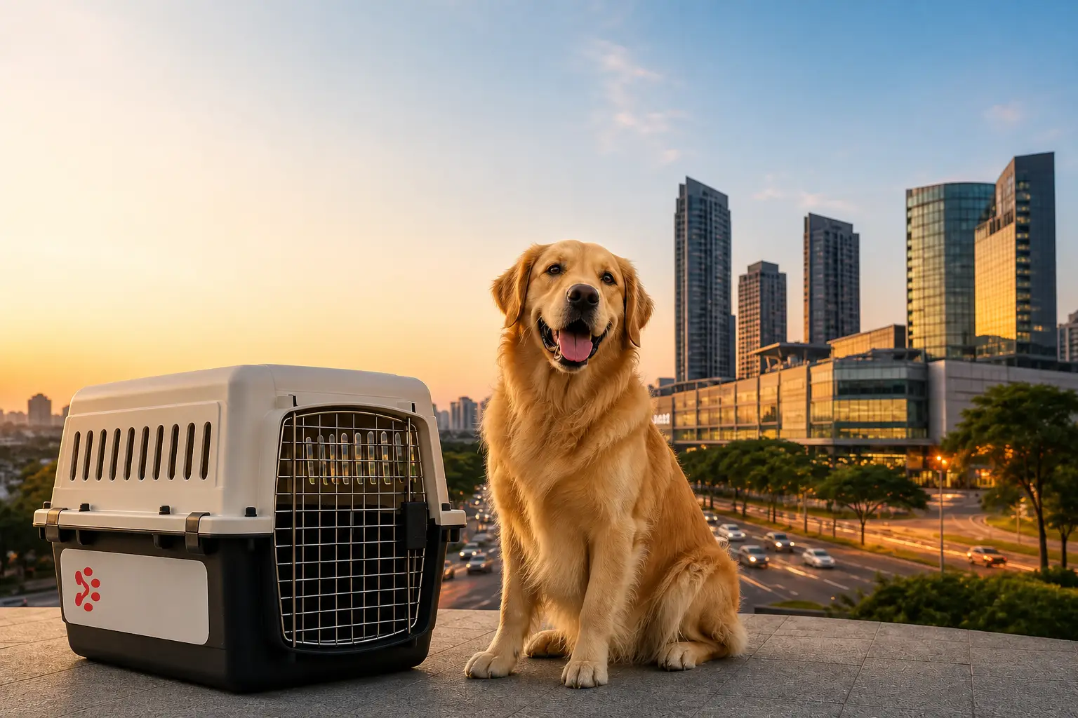 International pet relocation services from India to Petaling Jaya, dog in IATA travel crate with Petaling Jaya city skyline