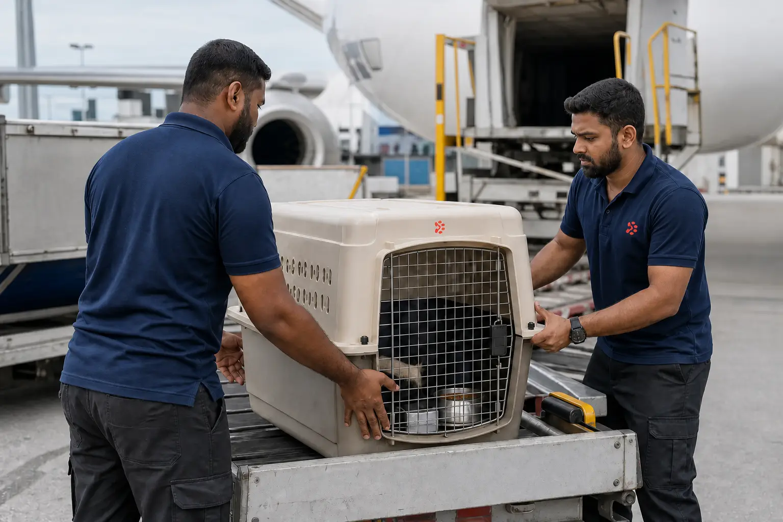 PetAeron staff loading IATA crate for international air cargo flight from India to Petaling Jaya via KUL