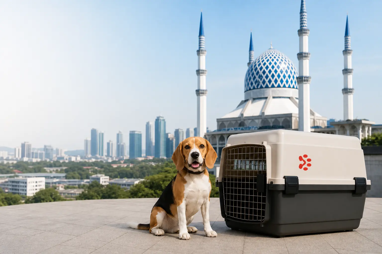 International pet relocation services from India to Shah Alam, dog in IATA travel crate with Shah Alam Blue Mosque skyline