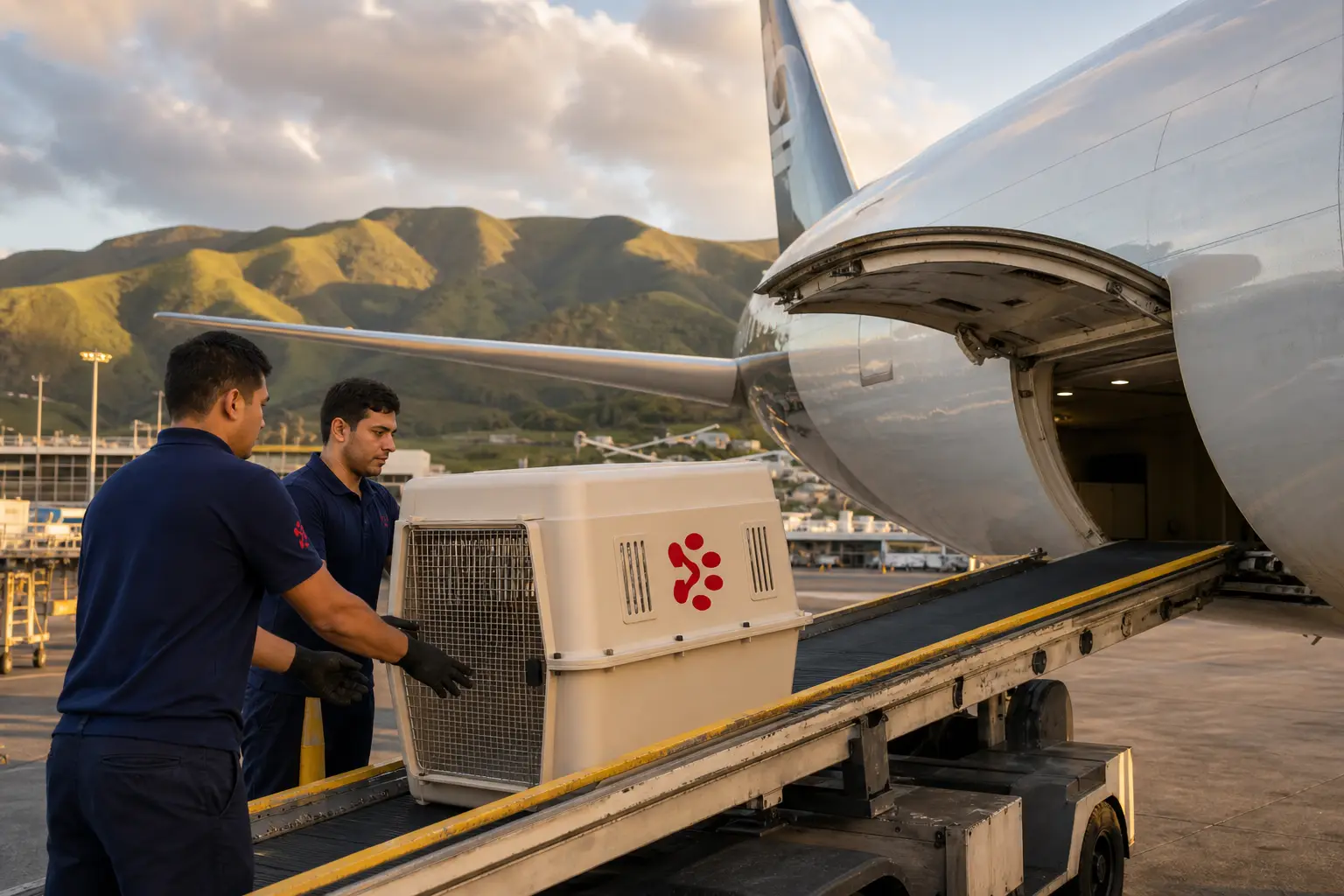 PetAeron staff loading IATA crate for international air cargo flight from India to Christchurch International Airport CHC