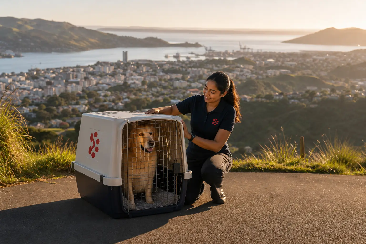 International pet relocation services from India to Dunedin, dog in IATA travel crate with Dunedin New Zealand skyline