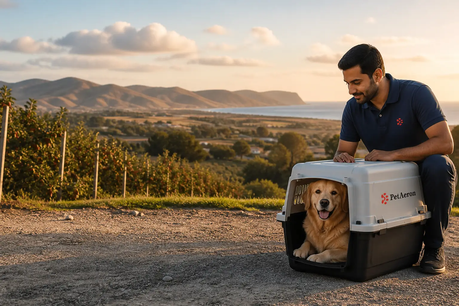 International pet relocation services from India to Hastings, dog in IATA travel crate with Hastings New Zealand skyline