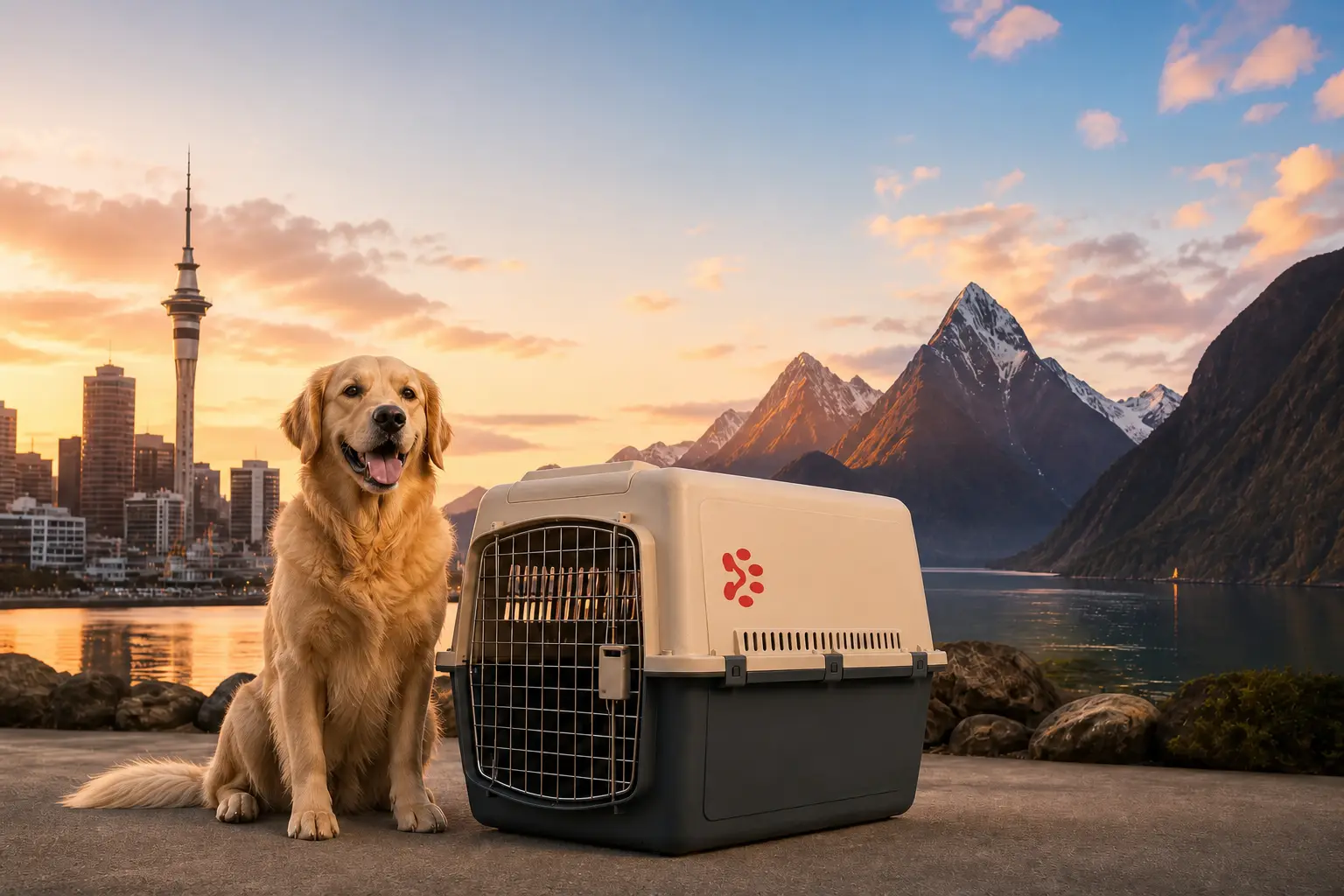 International pet relocation services from India to New Zealand, dog in IATA travel crate with Auckland Sky Tower and Southern Alps skyline
