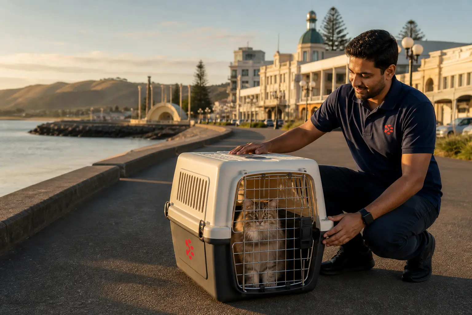 International pet relocation services from India to Napier, dog in IATA travel crate with Napier New Zealand skyline