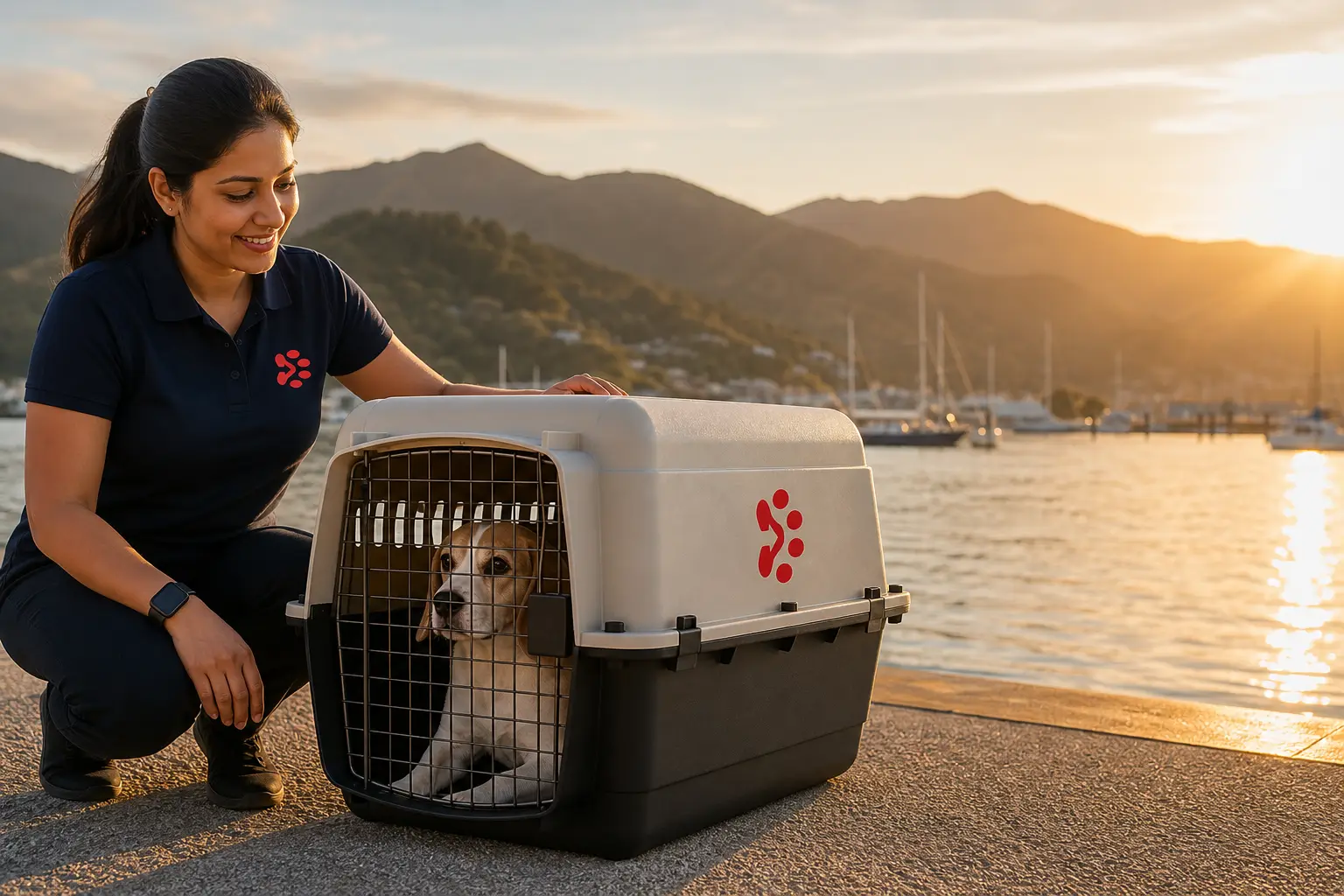 International pet relocation services from India to Nelson, dog in IATA travel crate with Nelson New Zealand skyline