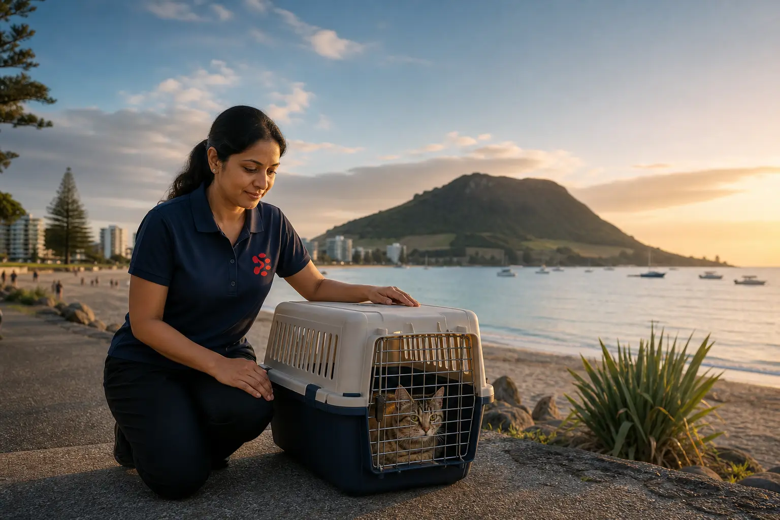 International pet relocation services from India to Tauranga, dog in IATA travel crate with Tauranga New Zealand skyline