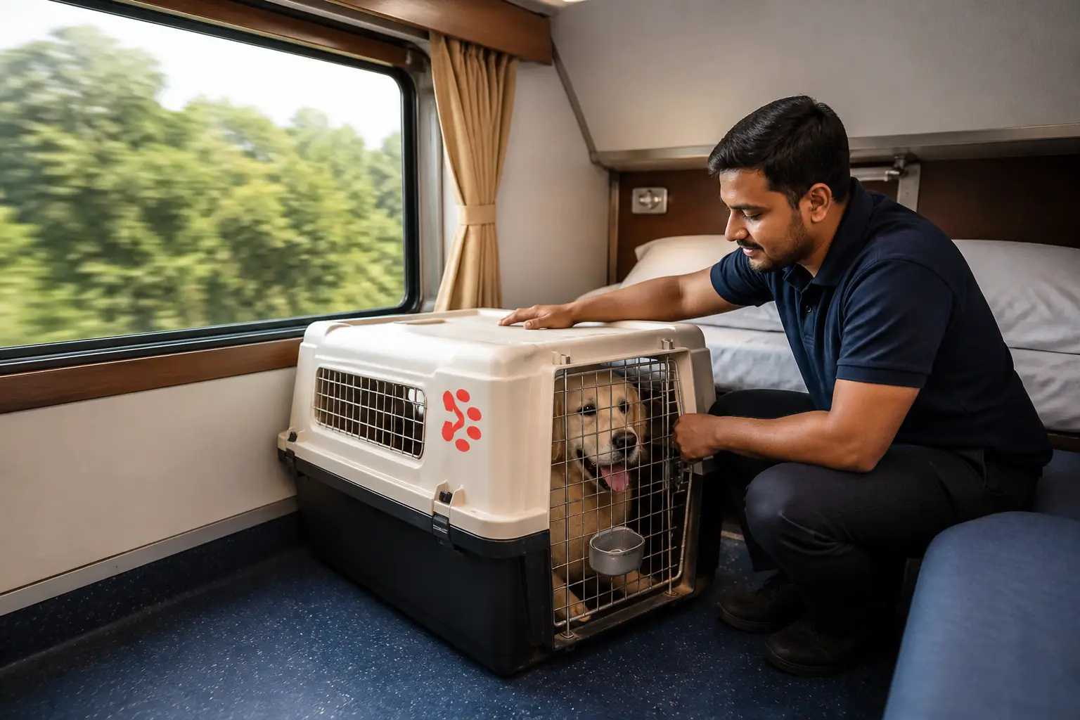 Pet and IATA crate on Indian Railways First AC train feeder to departure hub for Tauranga flight