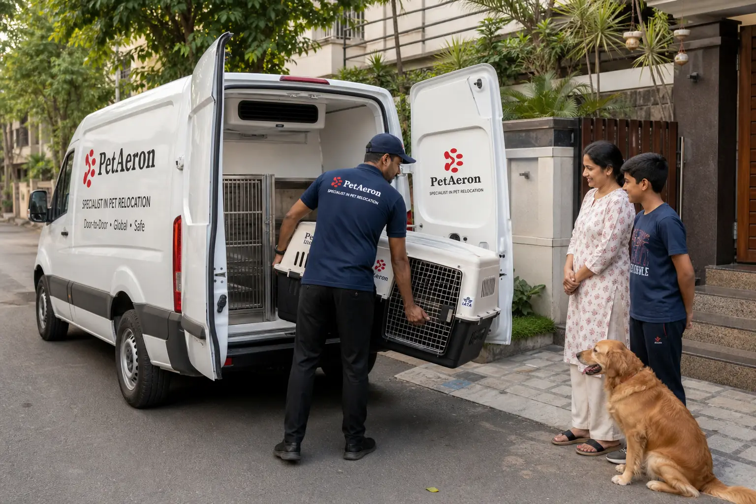 PetAeron climate-controlled van door-to-door pet pickup from Indian home before Abha flight