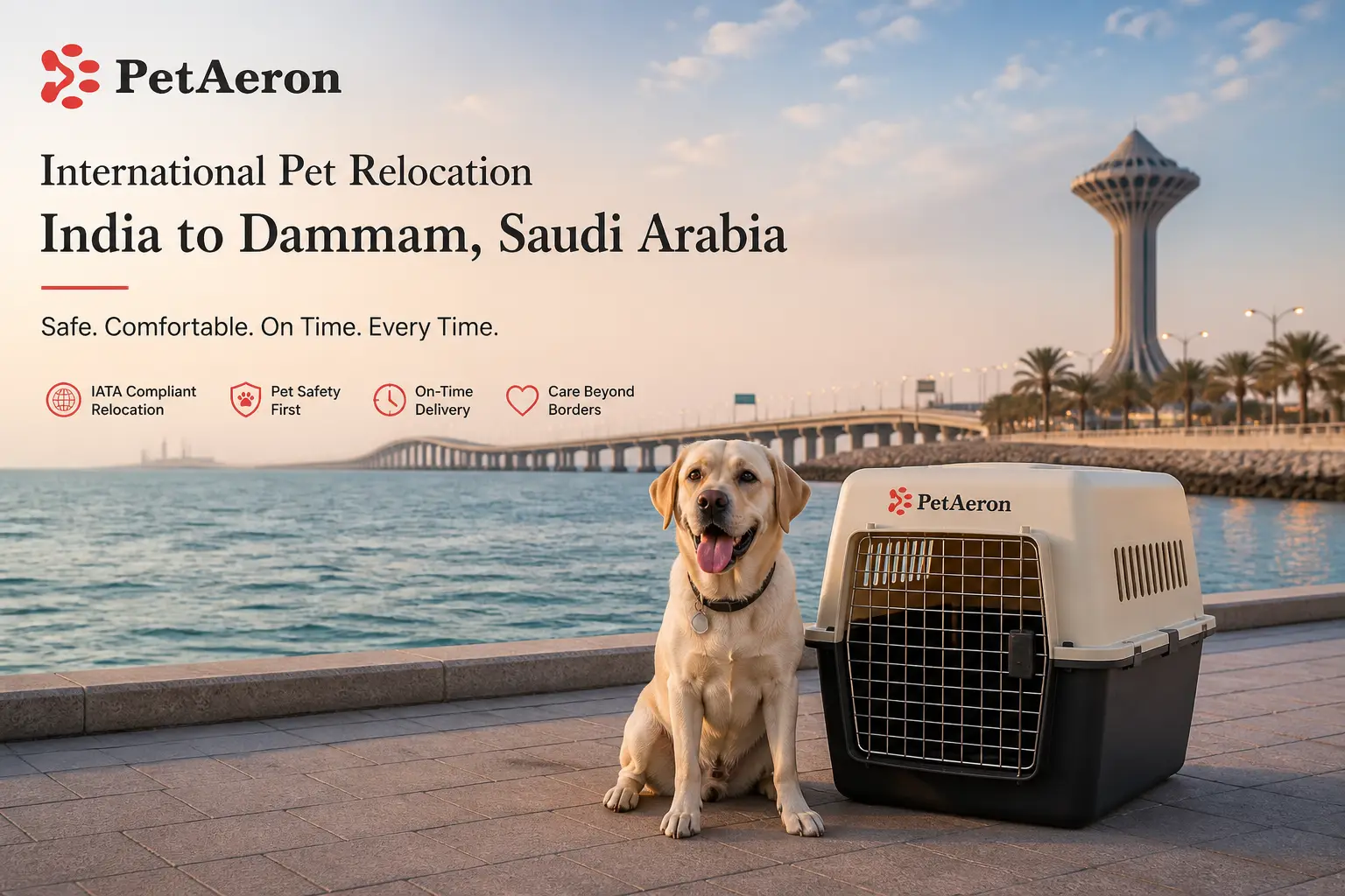 International pet relocation services from India to Dammam, dog in IATA travel crate with Dammam corniche and King Fahd Causeway
