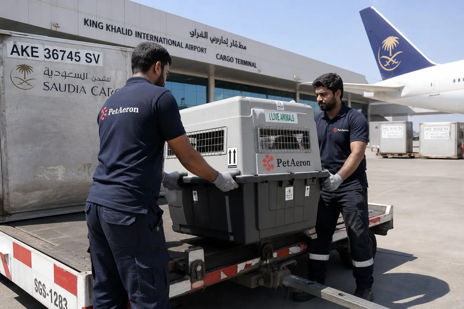 PetAeron staff loading IATA crate for international air cargo flight from India to Dhahran via DMM