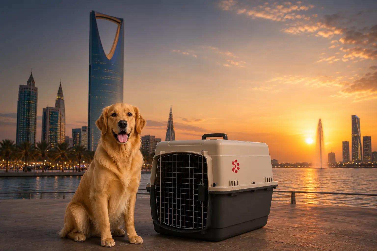 International pet relocation services from India to Saudi Arabia, dog in IATA travel crate with Riyadh and Jeddah skyline