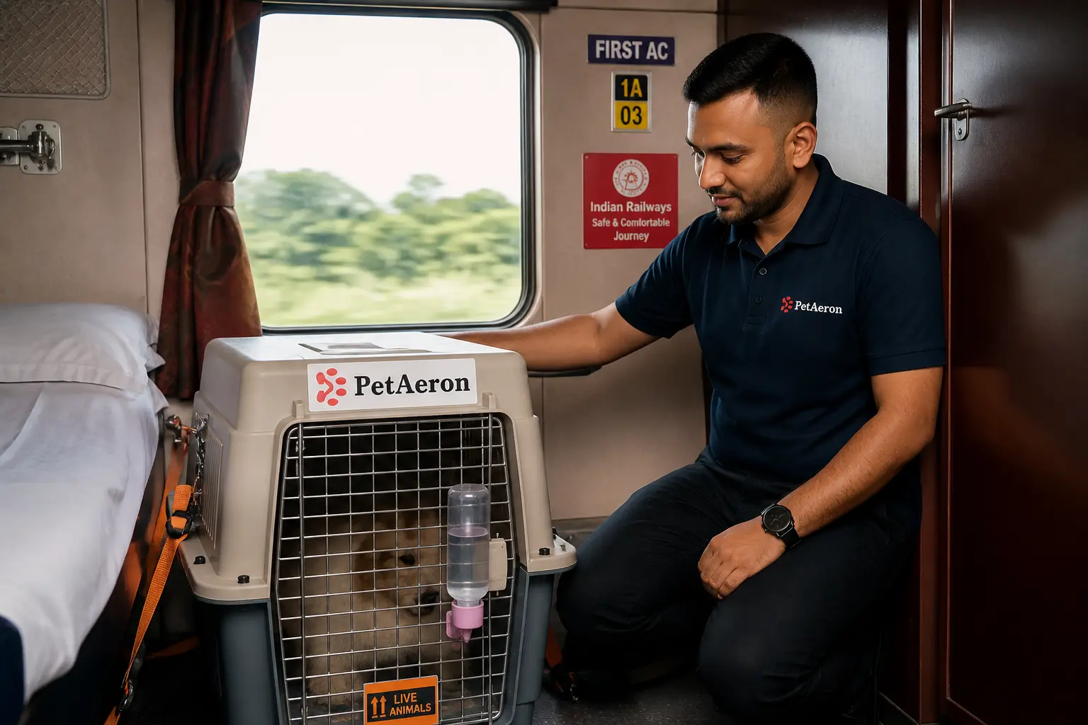 Pet and IATA crate on Indian Railways First AC train feeder to departure hub for Jeddah flight