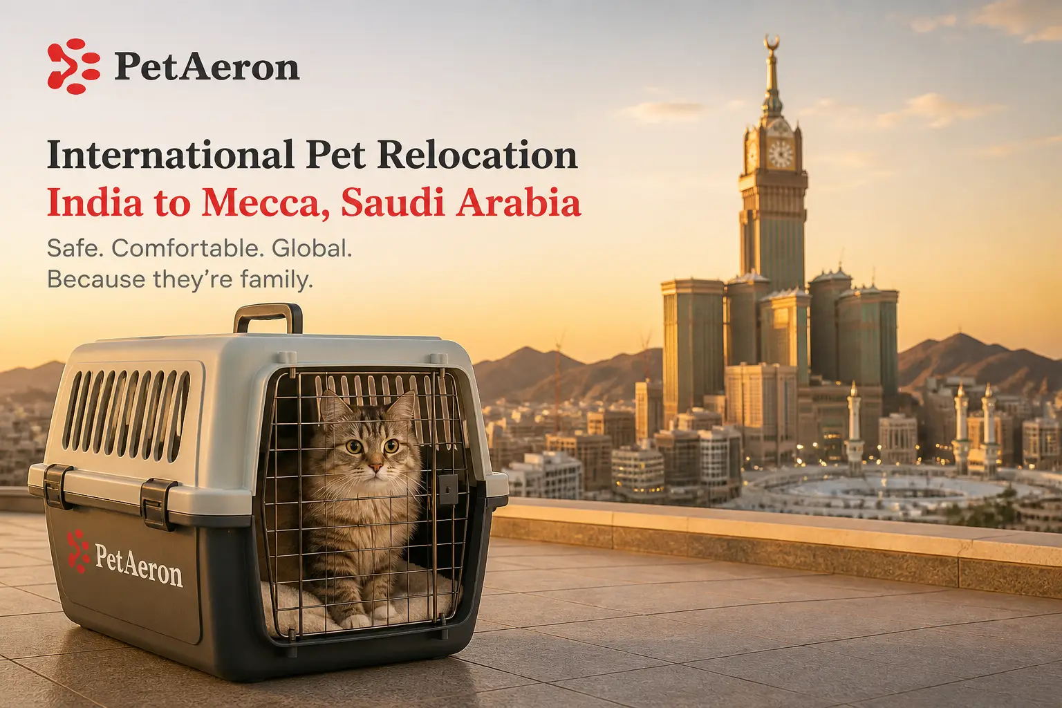 International pet relocation services from India to Mecca, dog in IATA travel crate with Mecca skyline with Abraj Al Bait towers