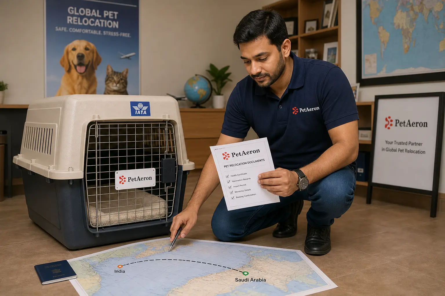 International pet relocation services from India to Medina, PetAeron specialist with IATA crate and route planning