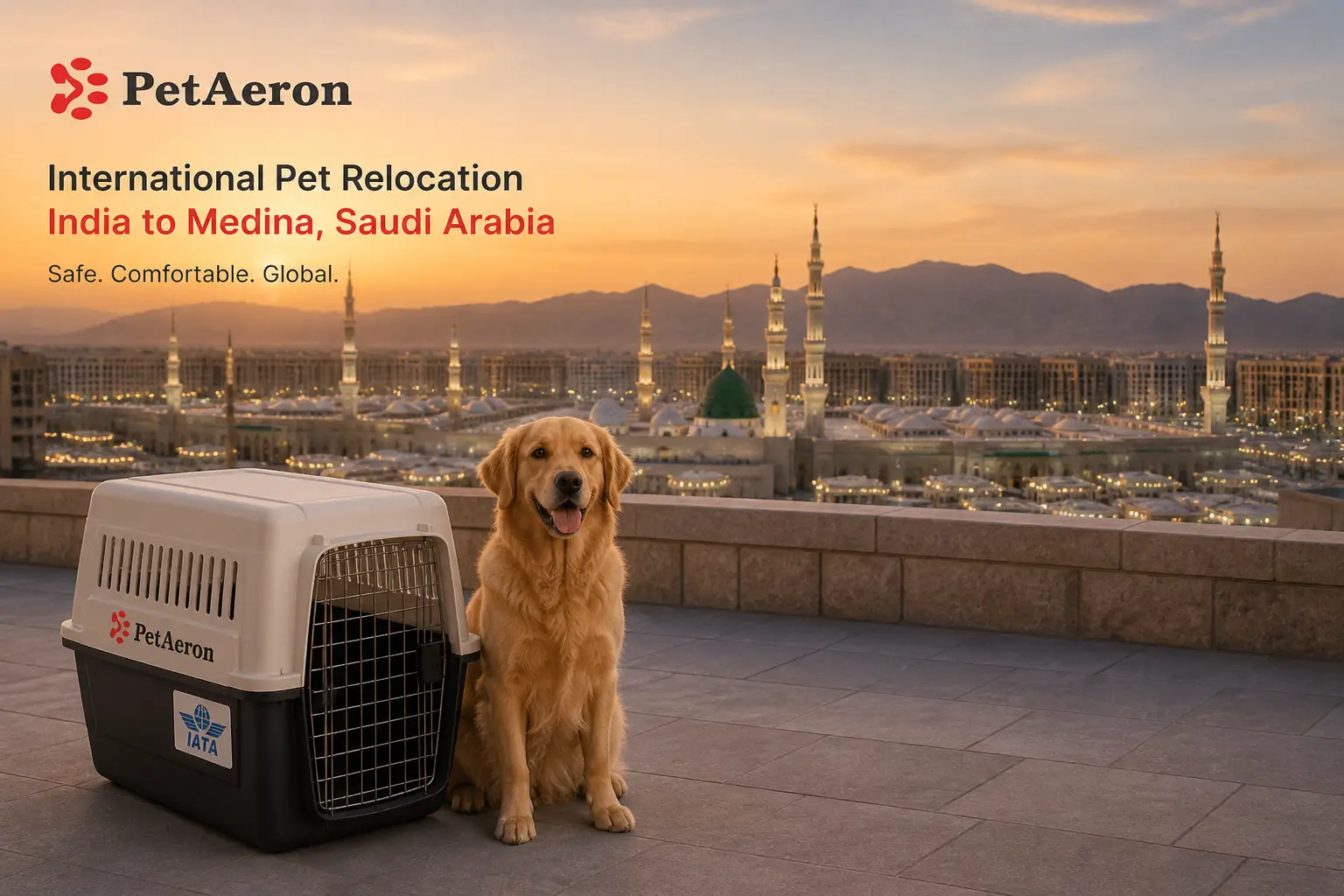 International pet relocation services from India to Medina, dog in IATA travel crate with Medina city skyline
