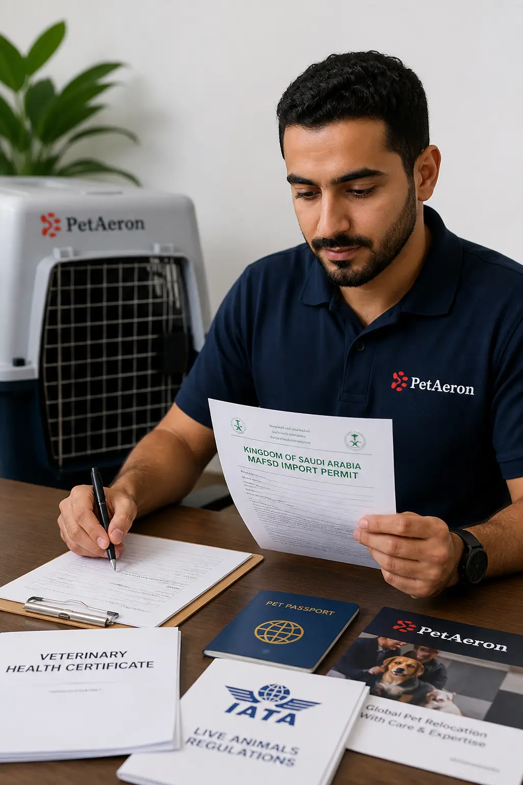 PetAeron specialist managing pet transport from India to Saudi Arabia with MAFSD import permit document checks