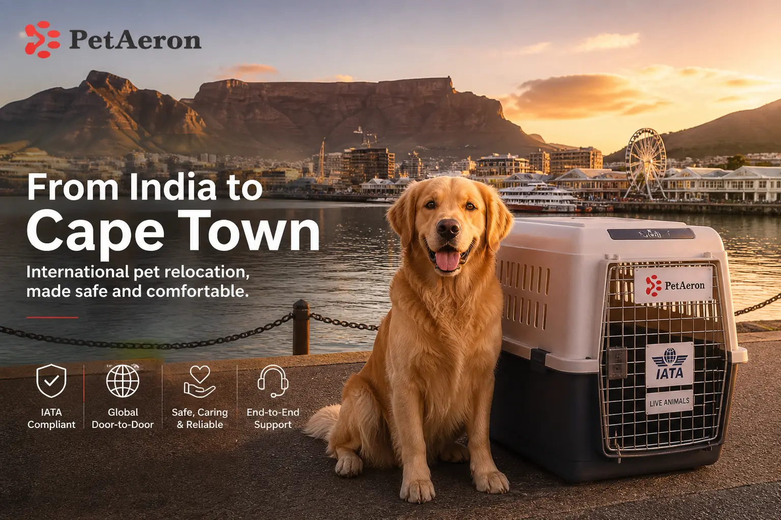 International pet relocation services from India to Cape Town, dog in IATA travel crate with Table Mountain and V&A Waterfront skyline