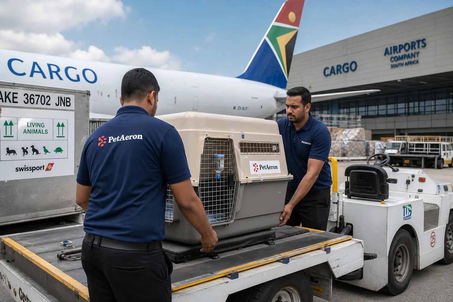 PetAeron staff loading IATA crate for international air cargo flight from India to Cape Town via CPT