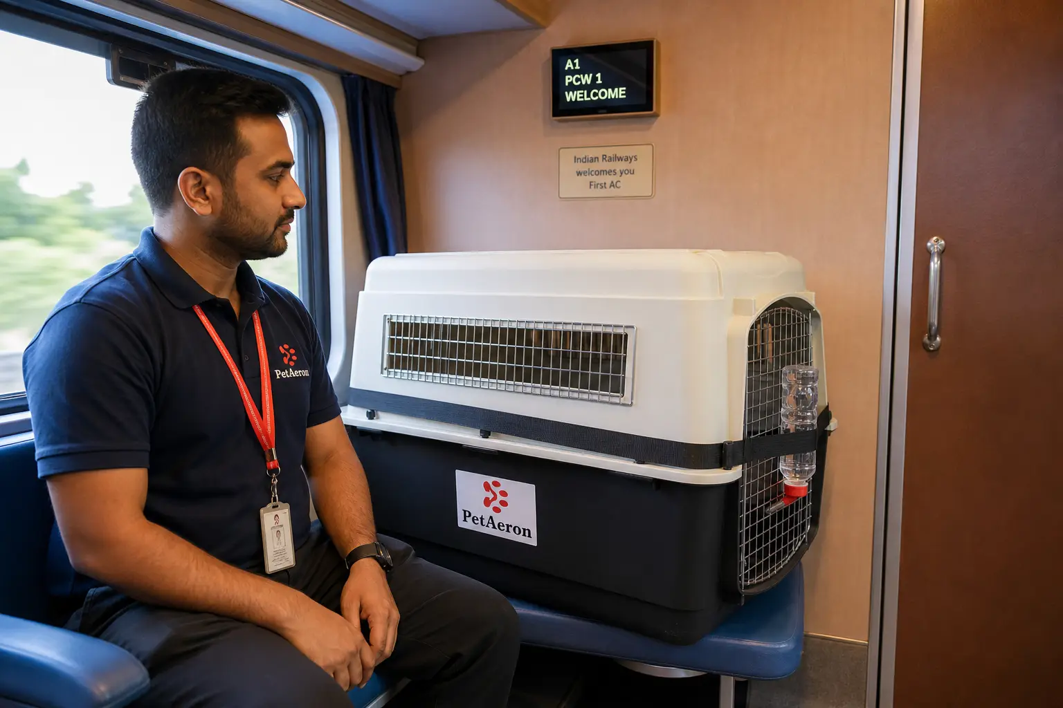 Pet and IATA crate on Indian Railways First AC train feeder to departure hub for Cape Town flight