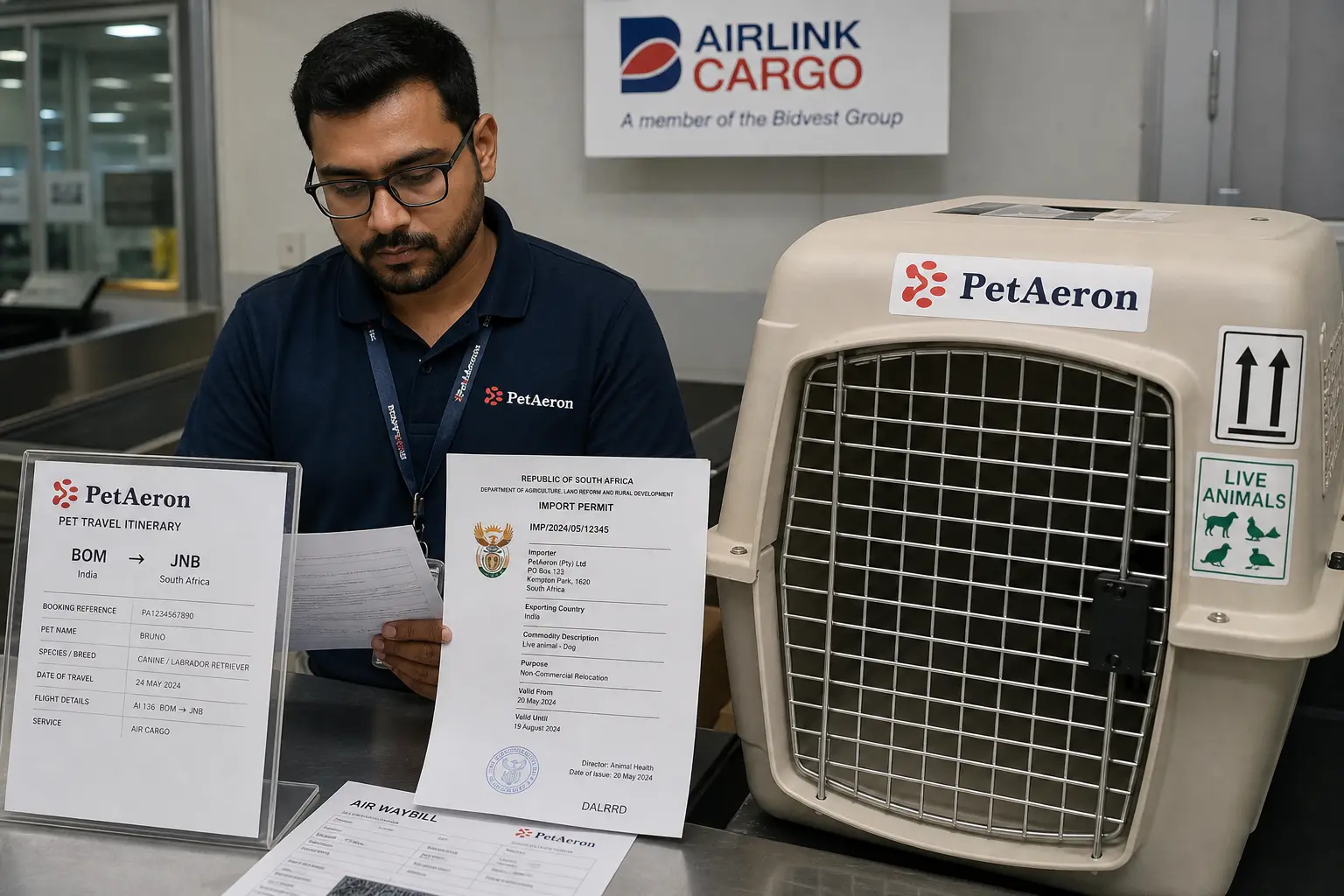 IATA-compliant pet crate and pet cargo booking for South Africa from India via CPT and JNB