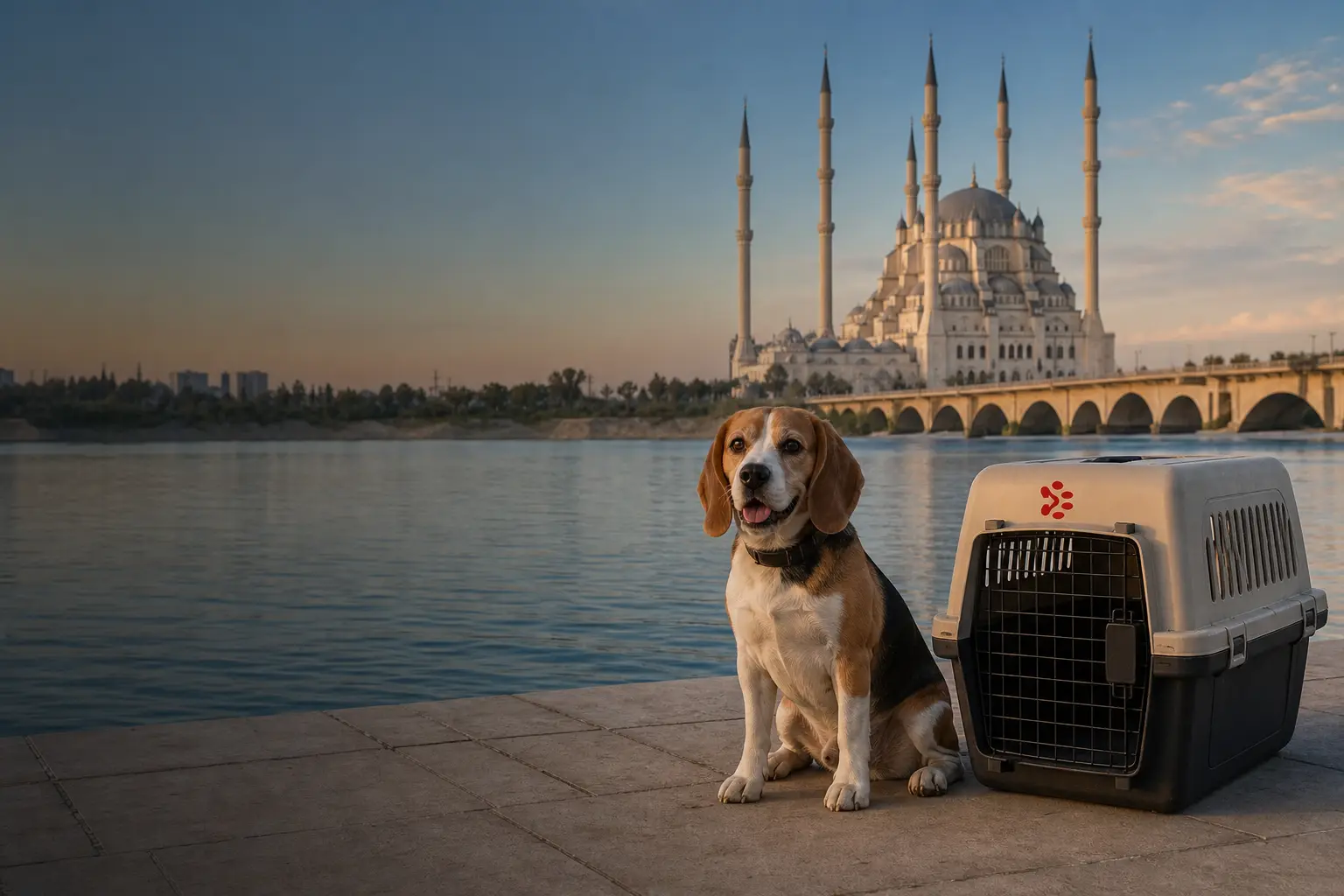 International pet relocation services from India to Adana, dog in IATA travel crate with Sabanci Central Mosque and Seyhan River skyline