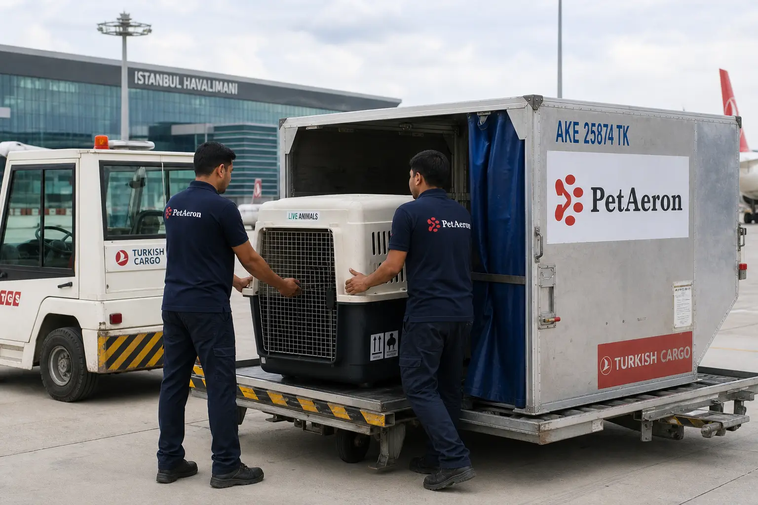 PetAeron staff loading IATA crate for international air cargo flight from India to Ankara via ESB