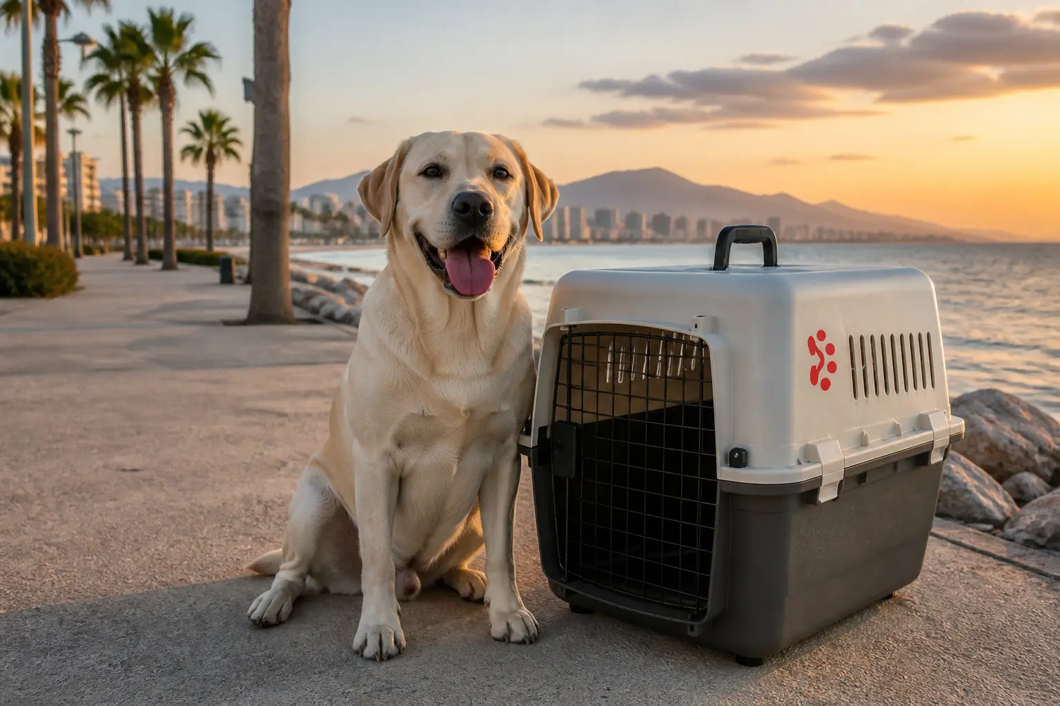 International pet relocation services from India to Mersin, dog in IATA travel crate with Mersin Mediterranean port skyline