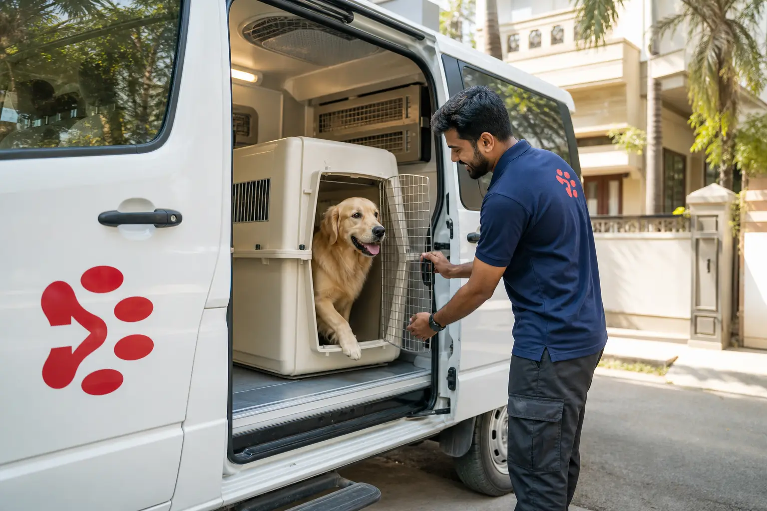 PetAeron climate-controlled van door-to-door pet pickup from Indian home before Al Ain flight